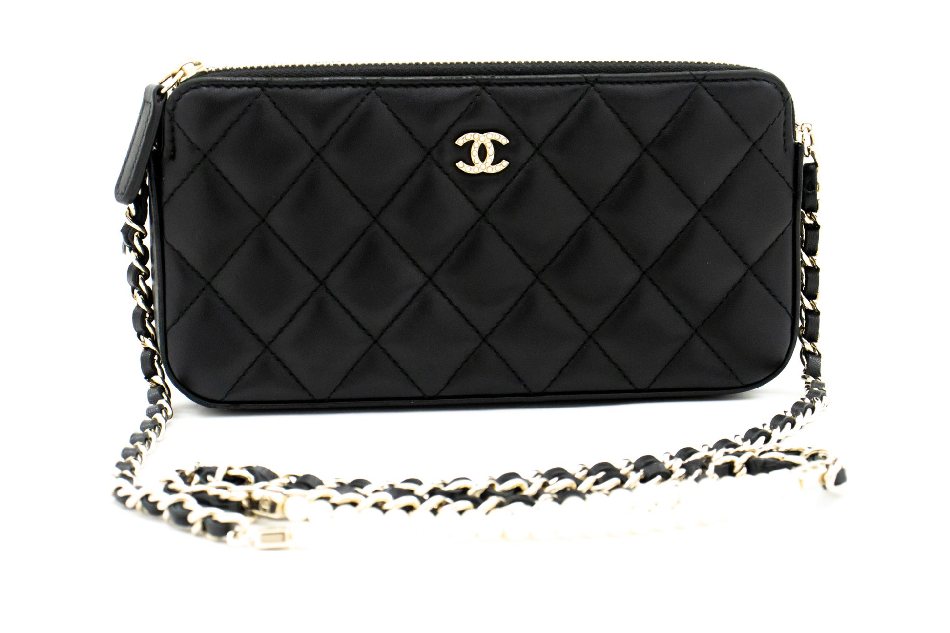 Portafoglio CHANEL WOC in pelle di agnello con perle, borsa a catena doppia zip L17 hannari-shop