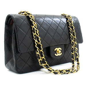 CHANEL klasszikus dupla füles 10" láncos válltáska fekete báránybőr k98 hannari-shop