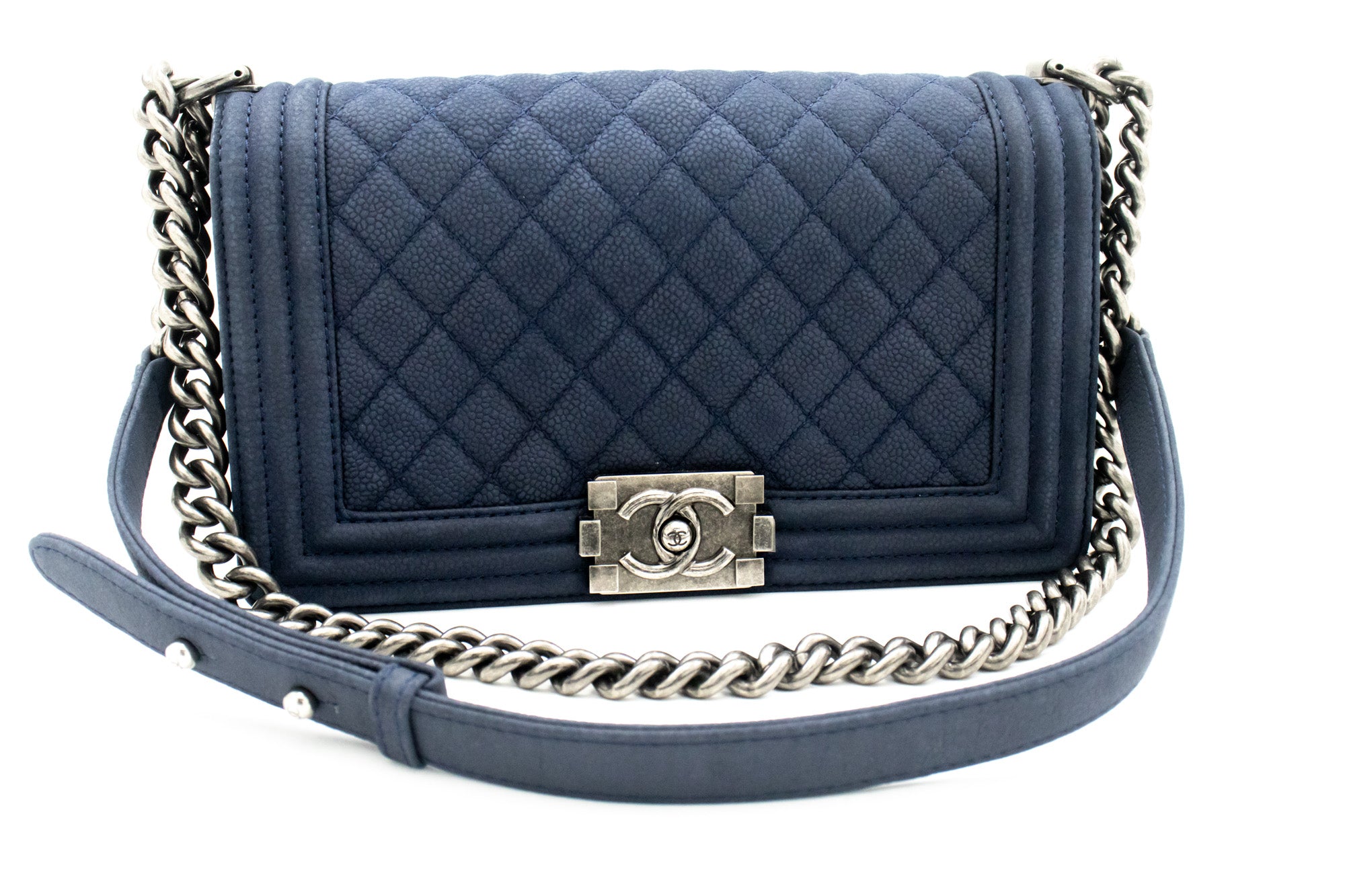 Authentic Chanel Caviar Medallion Tote Deep Navy