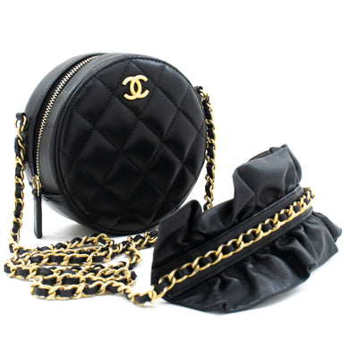 CHANEL Round Zip Small Chain Shoulder Bag Black Quilted Lambskin L21 hannari-shop