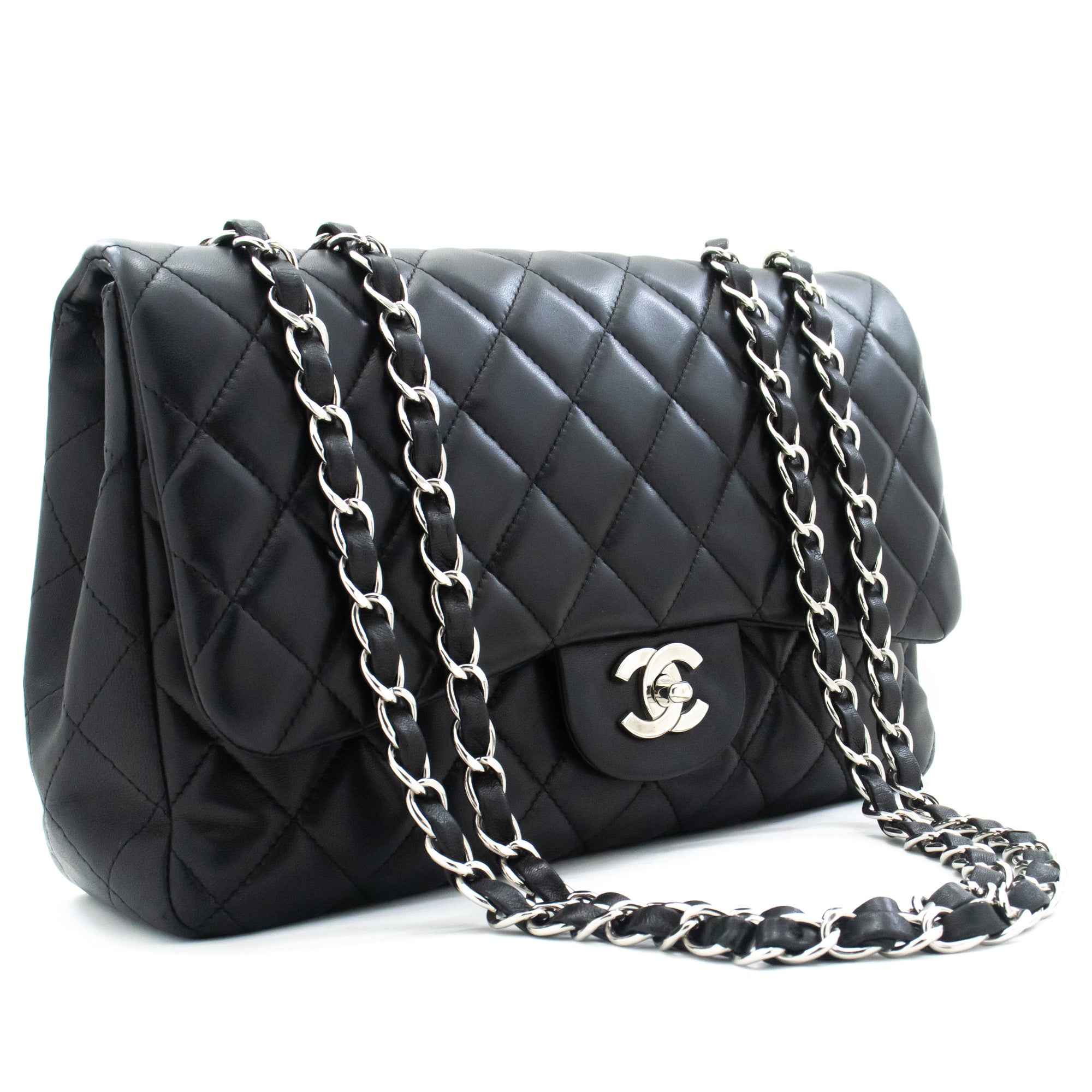 CHANEL BLACK MINI SQUARE LAMBSKIN QUILTED FLAP SILVER HARDWARE – REDELUXE