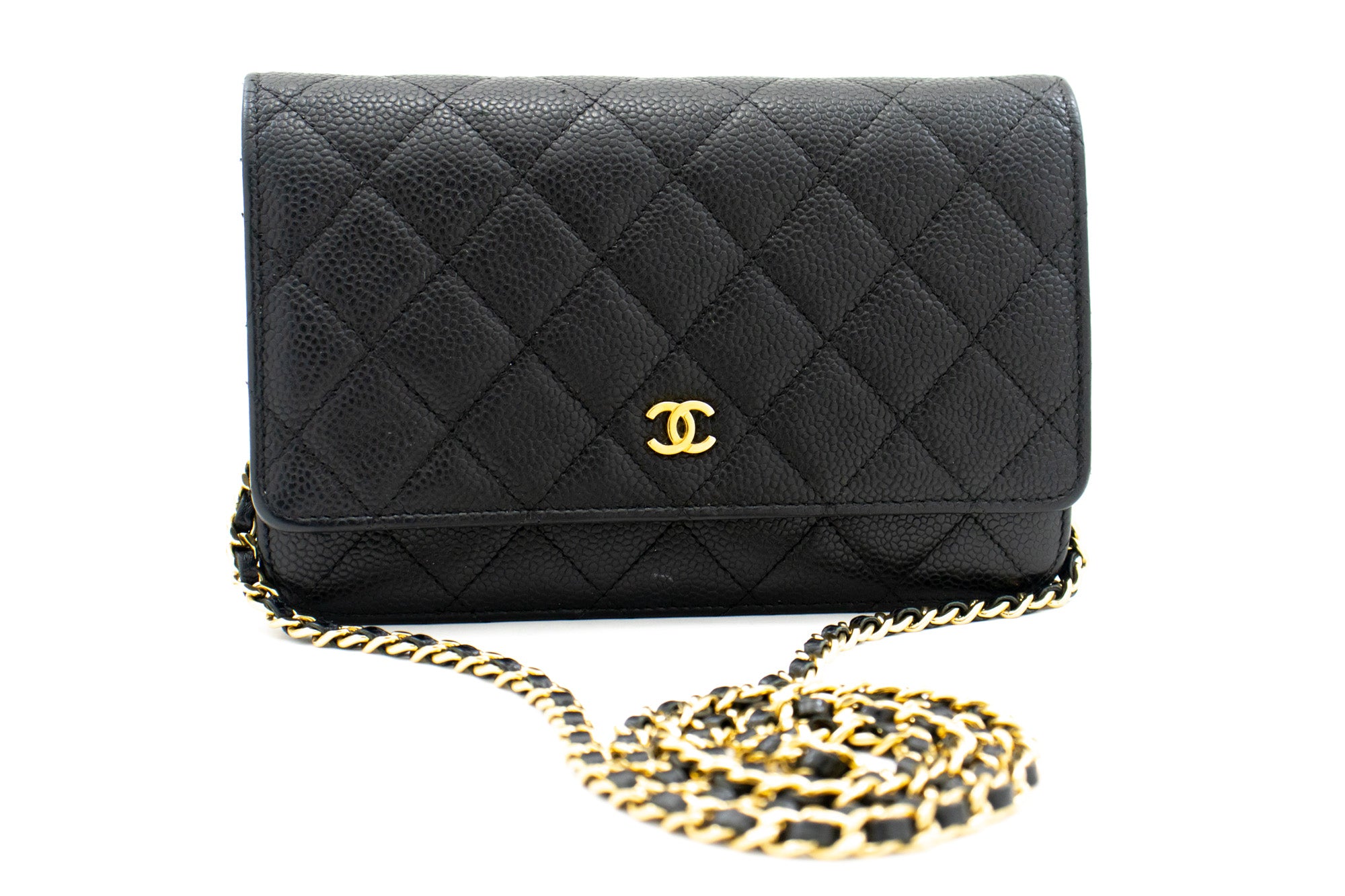 Authentic Chanel Black Caviar Quilted Leather Phone Bag on Chain Crossbody Bag
