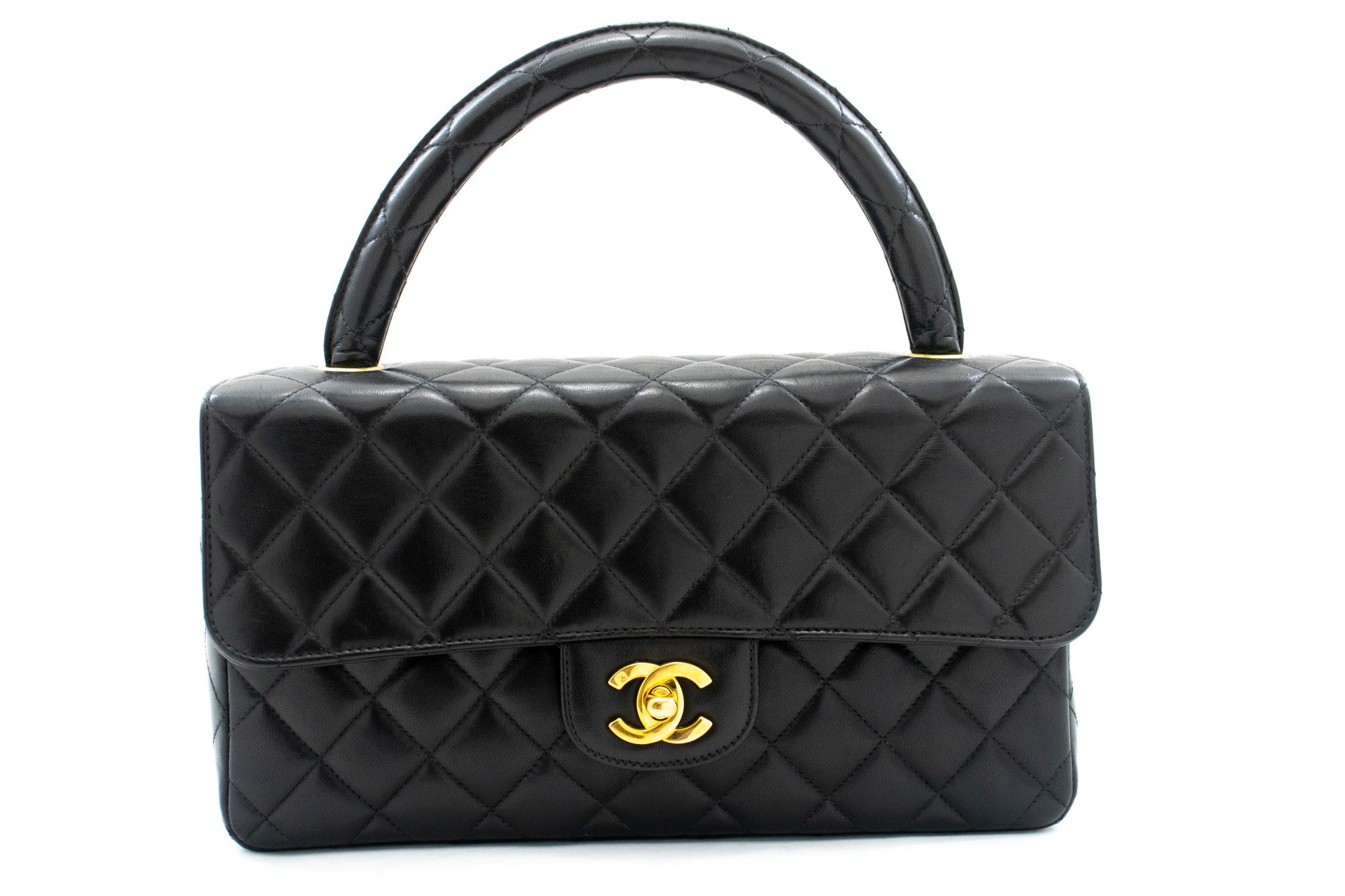 Chanel Parent Hand Bag Black Top Handle Quilted Flap Lambskin L19