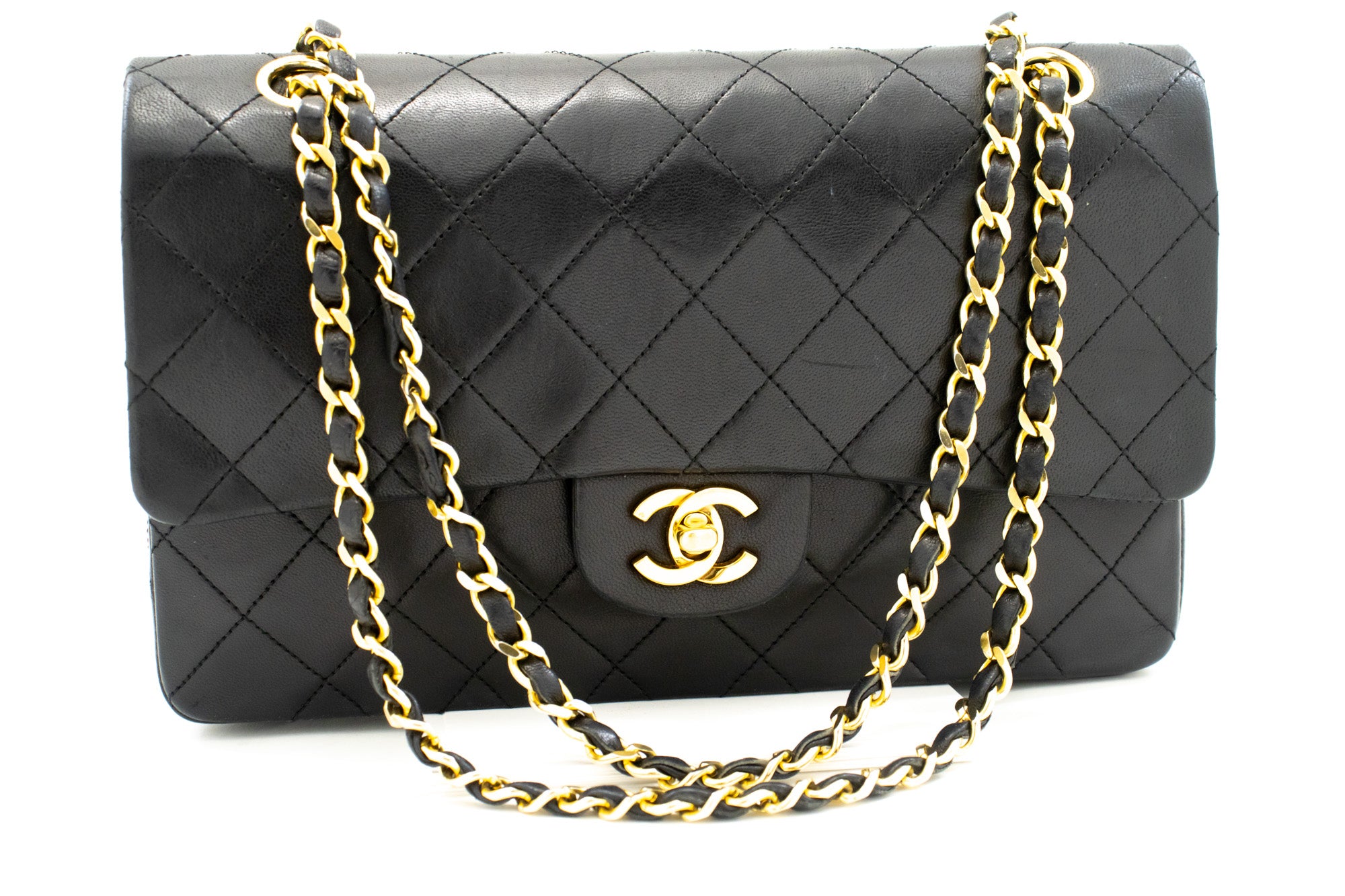 CHANEL Classic Gray Calfskin Gold Chain Lock Ladies Shoulder Bag
