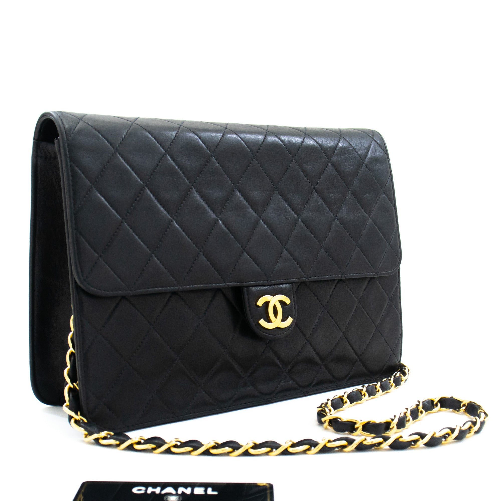 Chanel Chain Shoulder Bag Clutch Black Quilted Flap Lambskin Purse L27