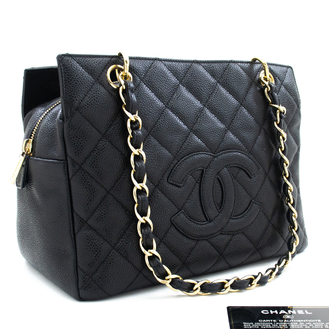 CHANEL Caviar Chain Shoulder Bag Shopping Tote Black Quilted Purse L29 hannari-shop