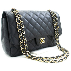 CHANEL Classic Large 11" Chain Shoulder Bag W Flap Black Caviar L66 hannari-shop