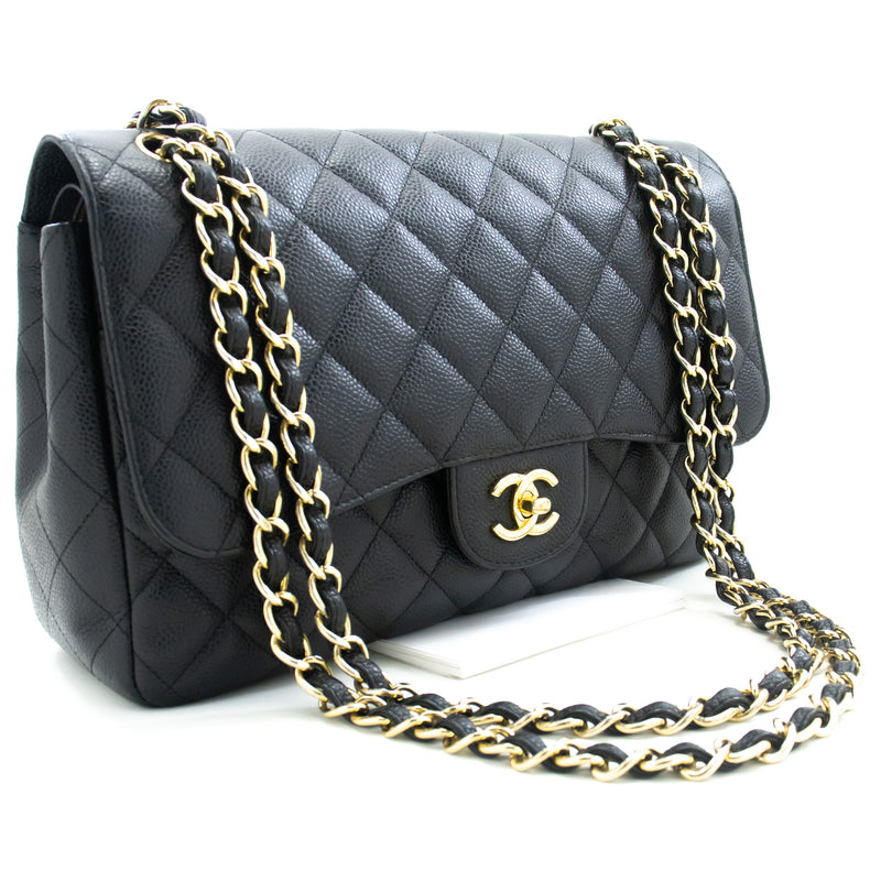 Chanel Classic Large 11 Chain Shoulder Bag W Flap Black Caviar L66