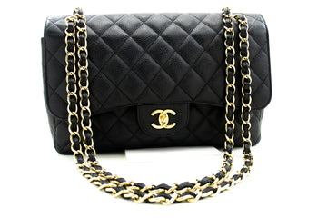CHANEL Classic Large 11" Chain Shoulder Bag W Flap Black Caviar L66 hannari-shop