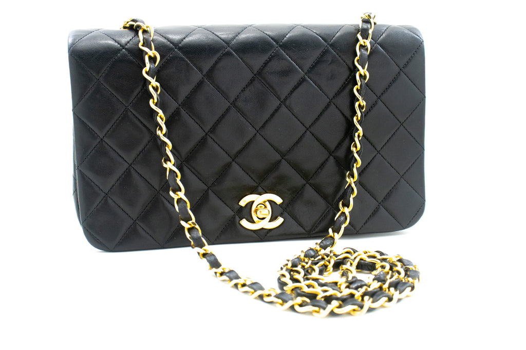 Chanel Full Flap Chain Shoulder Bag Clutch Black Quilted Lambskin K90