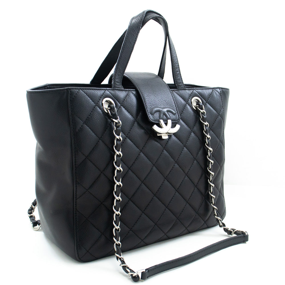 Chanel 2 Way Chain Shoulder Bag Handbag Tote Black Caviar Quilted L64