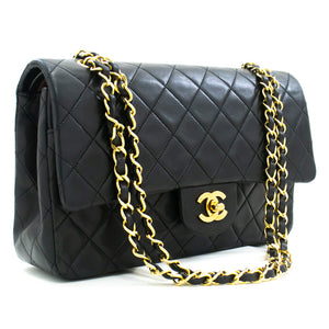 CHANEL Klassieke schoudertas met dubbele flap en ketting van 10 cm Zwart lamsleer L69 hannari-shop