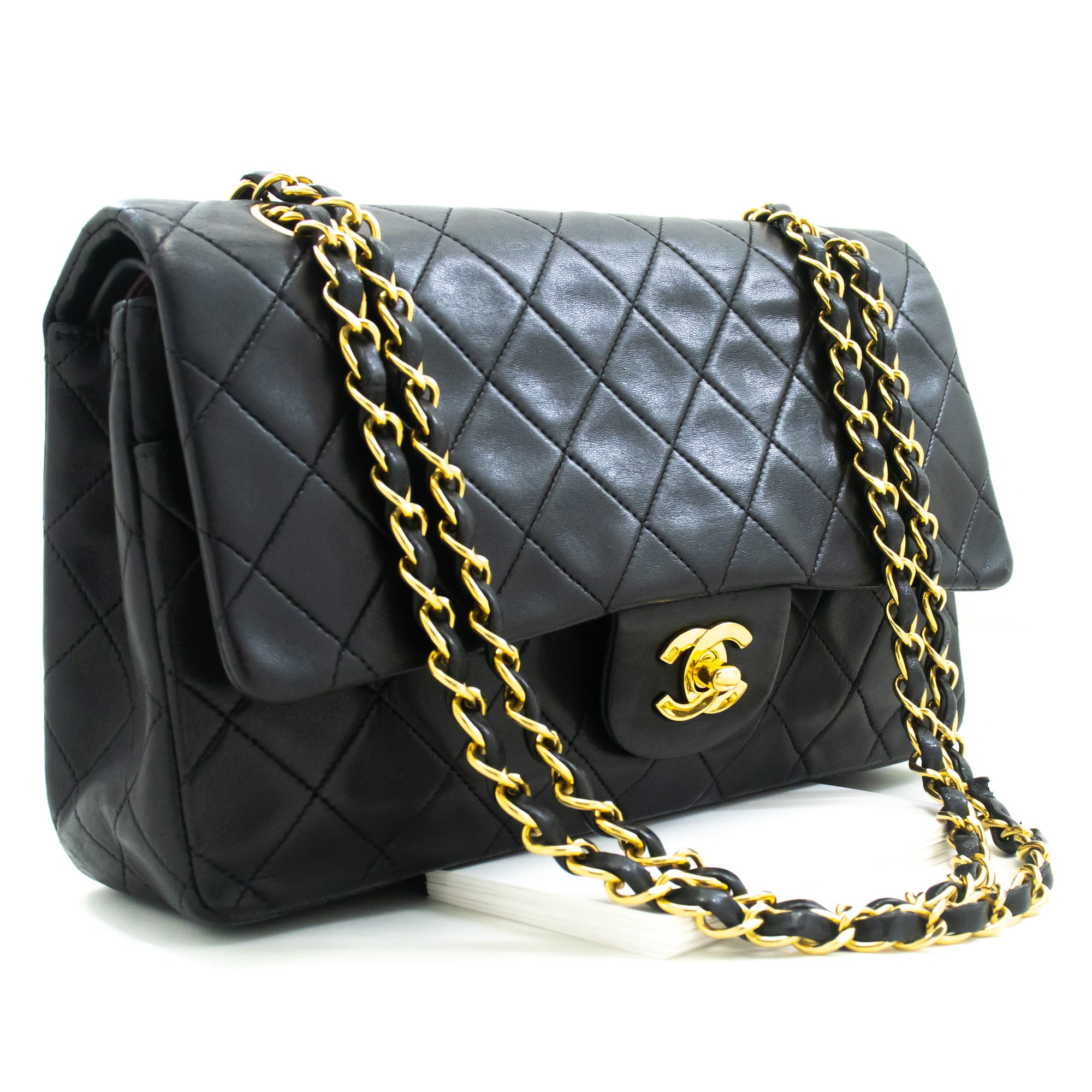 Chanel Classic Double Flap 10 Chain Shoulder Bag Black Lambskin L77