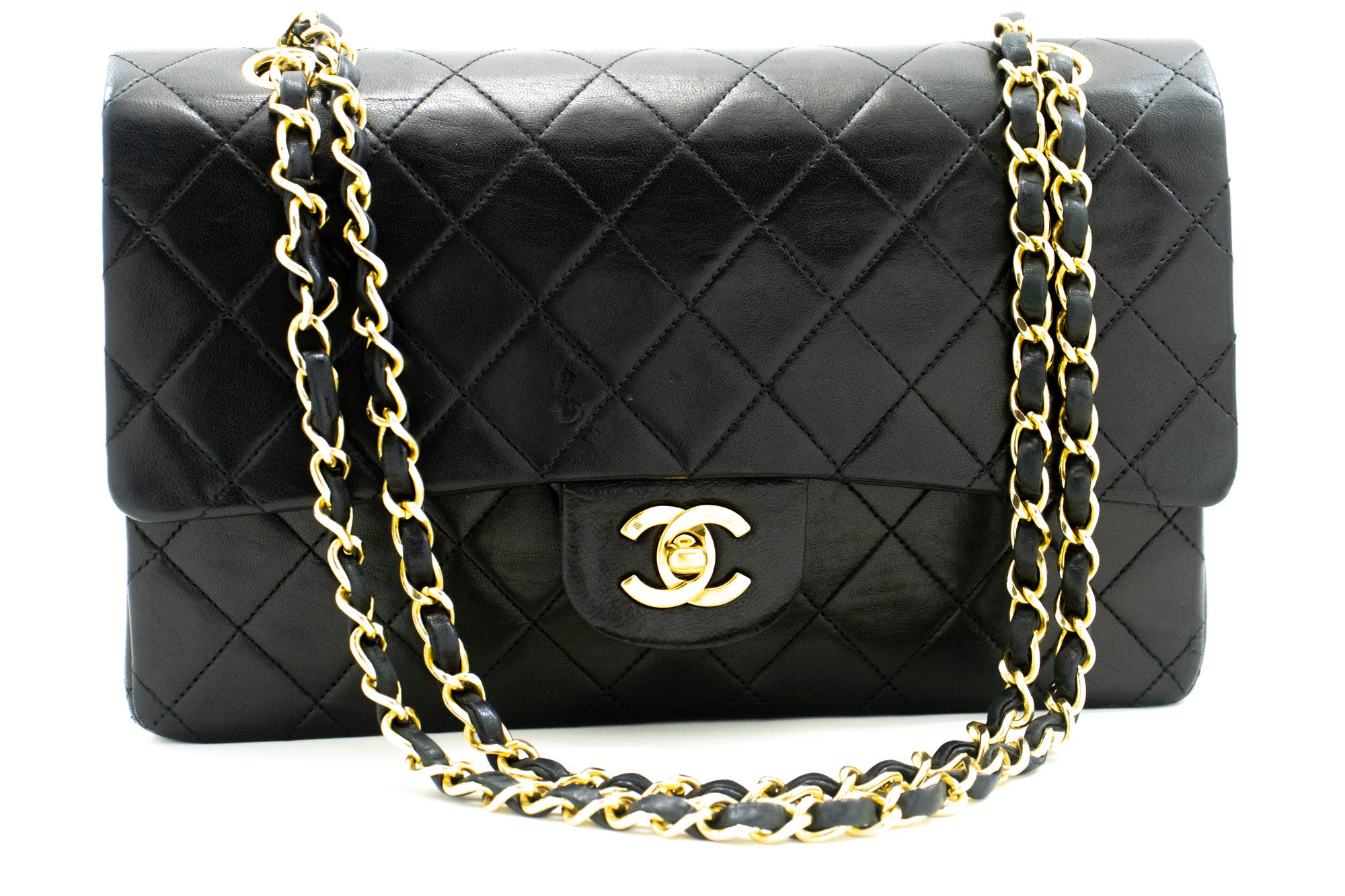 Chanel Classic Double Flap 10 Chain Shoulder Bag Black Lambskin L74