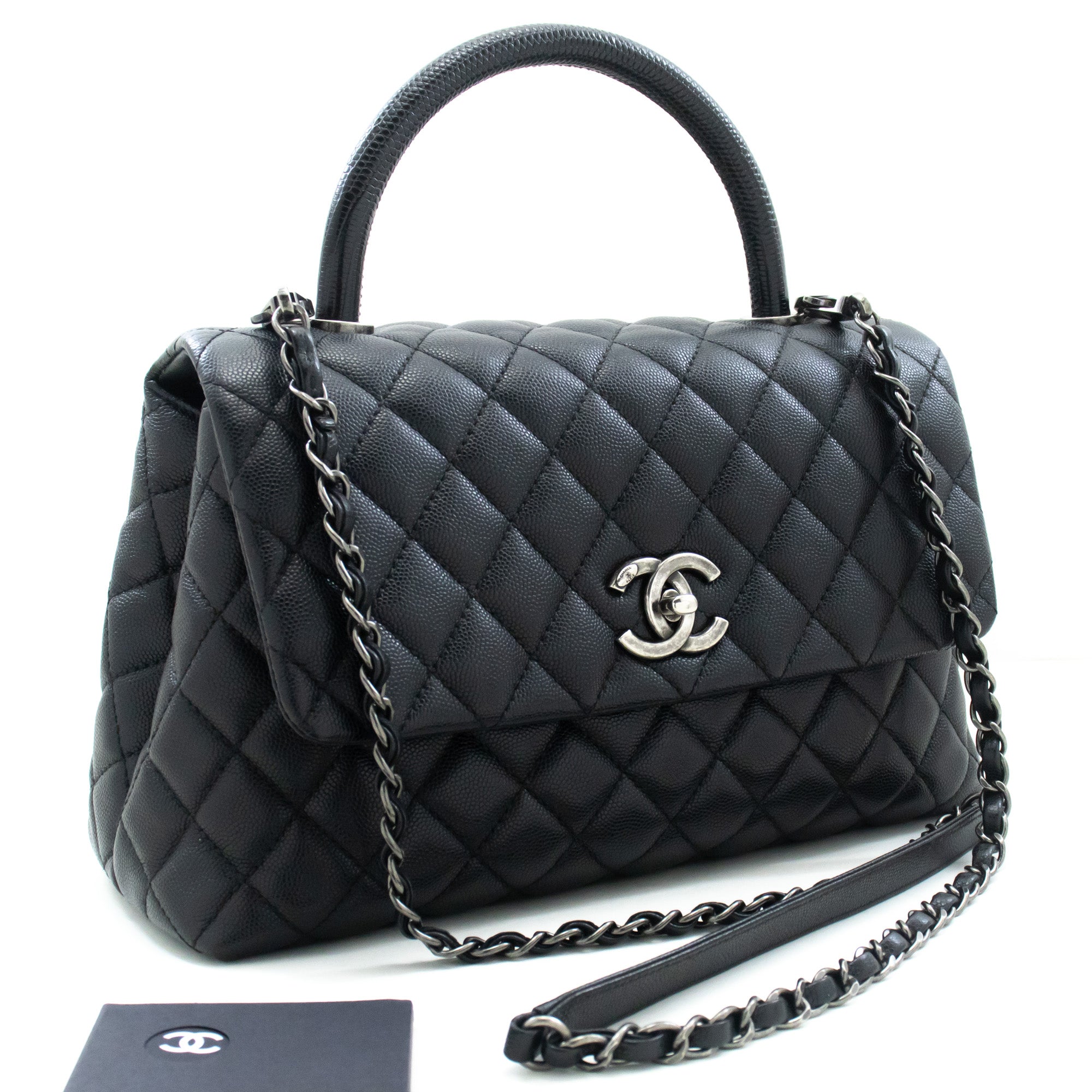 CHANEL 2 Way Top Handle Handbag Shoulder Bag Black Caviar Leather L52 –  hannari-shop