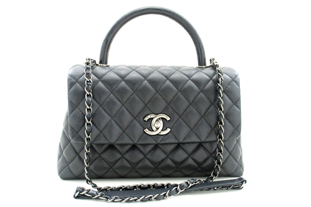 k75 CHANEL Authentic Caviar Handbag Top Handle Bag Kelly Black Flap Leather  Gold