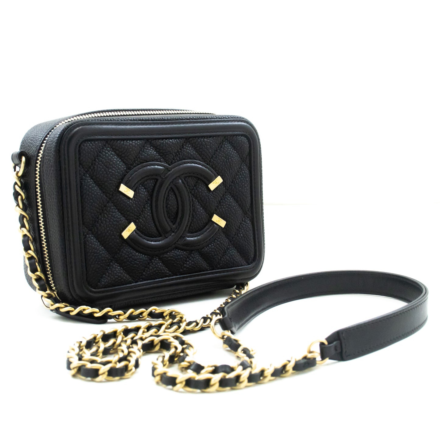 CHANEL Micro Caviar Gegranuleerd Kalfsleer Schoudertas met Ketting Zwart Rits L82 hannari-shop