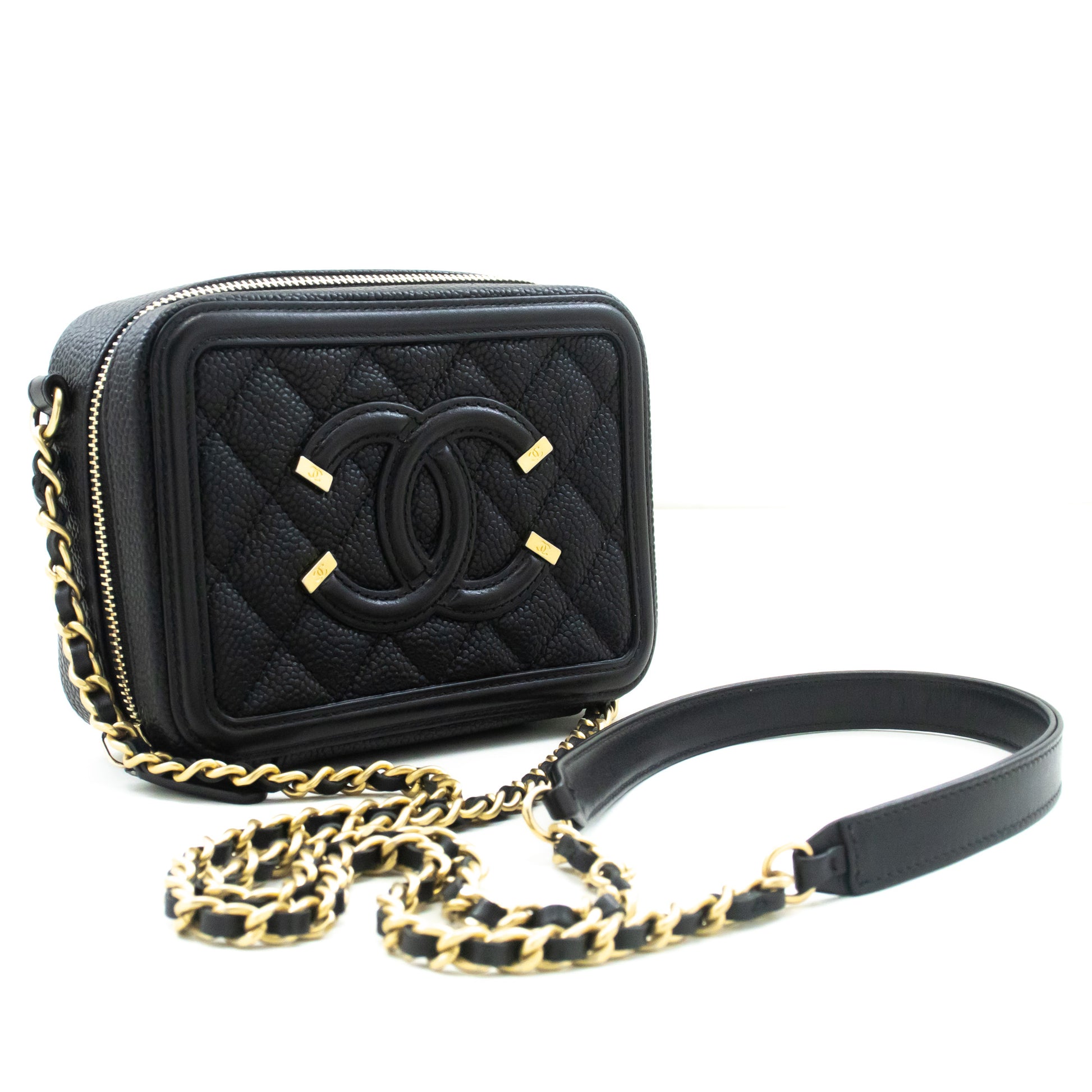 CHANEL Micro Caviar Gegranuleerd Kalfsleer Schoudertas met Ketting Zwart Rits L82 hannari-shop