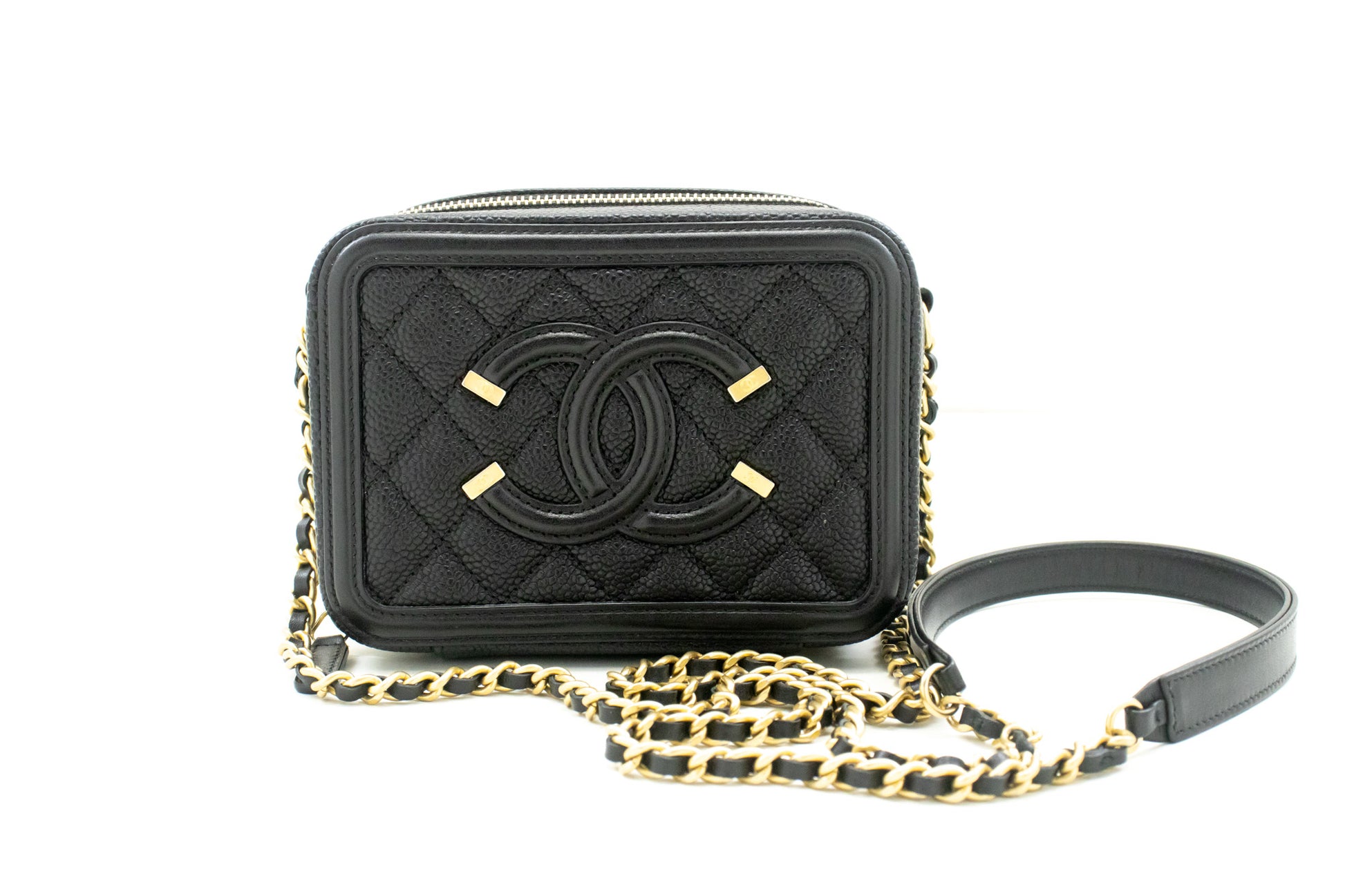 CHANEL Micro Caviar Gegranuleerd Kalfsleer Schoudertas met Ketting Zwart Rits L82 hannari-shop