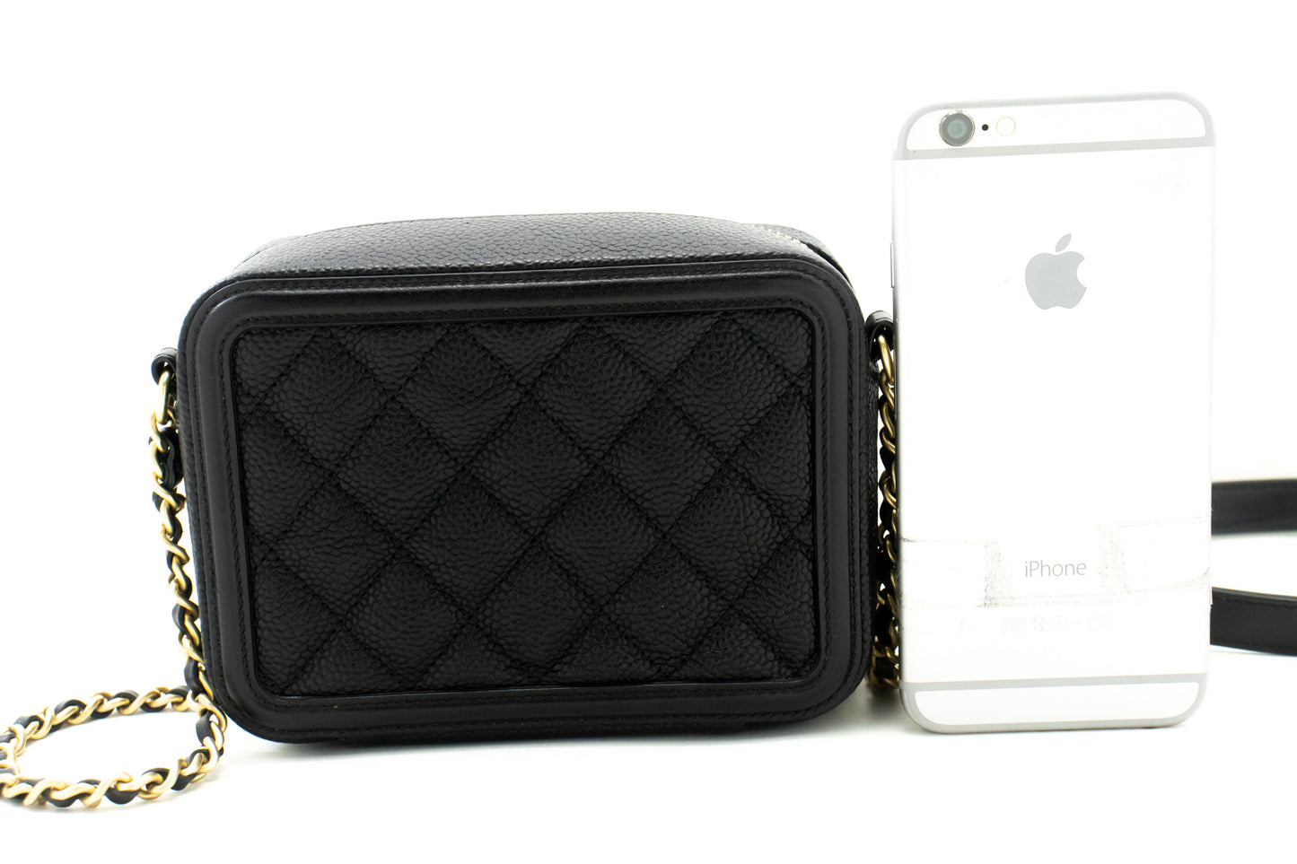 CHANEL Micro Caviar Gegranuleerd Kalfsleer Schoudertas met Ketting Zwart Rits L82 hannari-shop