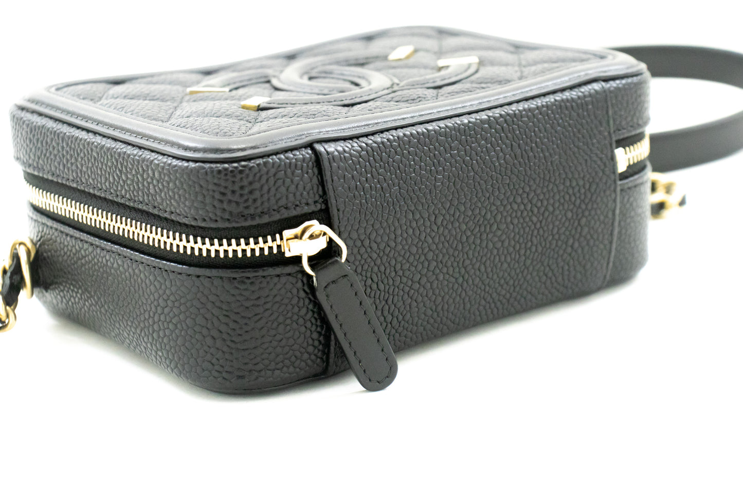 CHANEL Micro Caviar Gegranuleerd Kalfsleer Schoudertas met Ketting Zwart Rits L82 hannari-shop