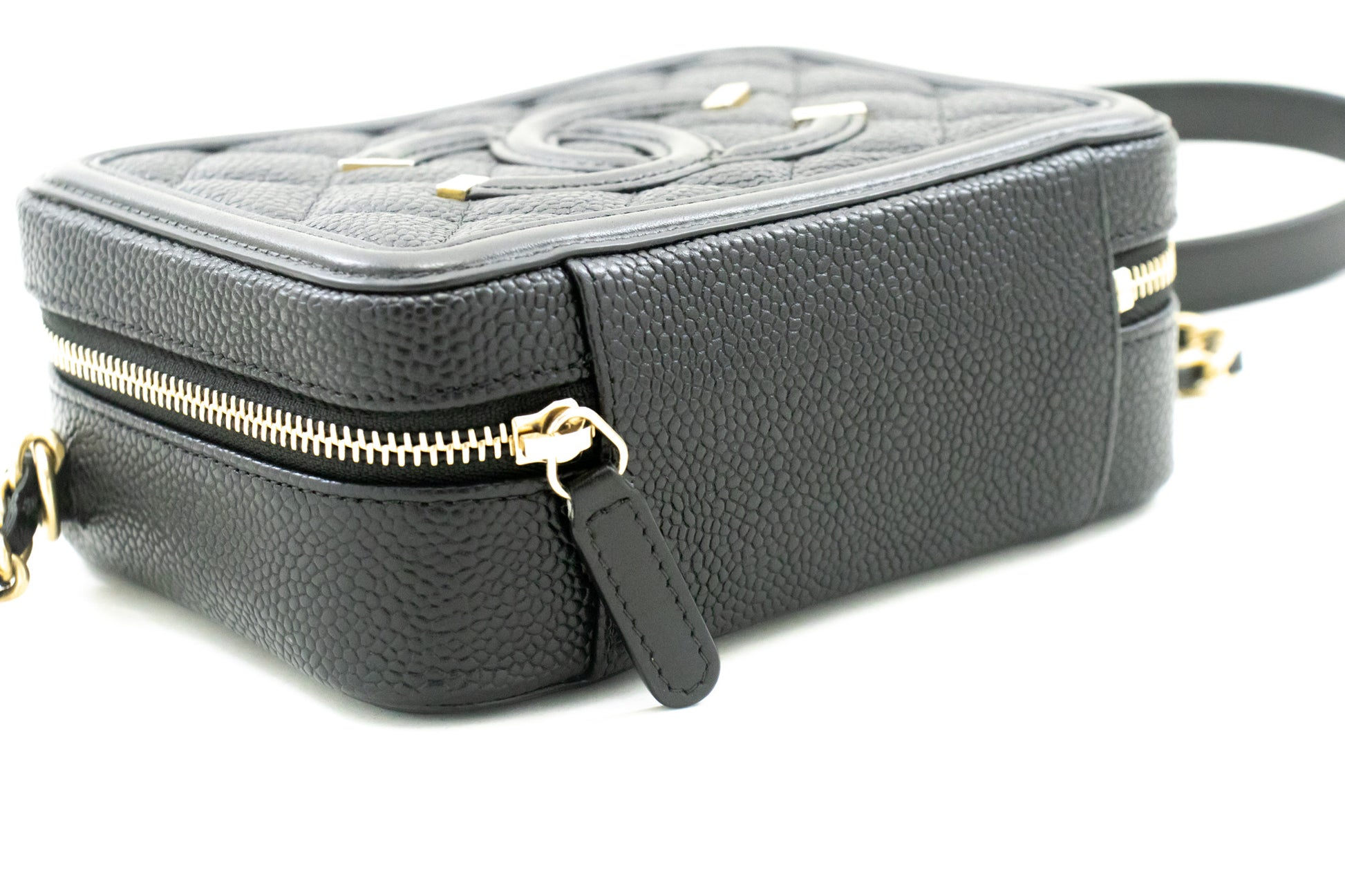 CHANEL Micro Caviar Gegranuleerd Kalfsleer Schoudertas met Ketting Zwart Rits L82 hannari-shop