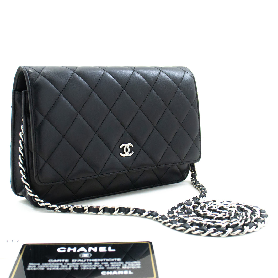 CHANEL Black Classic Wallet On Chain WOC Shoulder Bag Lambskin L75 hannari-shop
