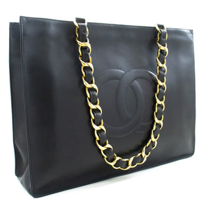 CHANEL Jumbo Large Big Chain Shoulder Bag Black Lambskin Leather L86 hannari-shop