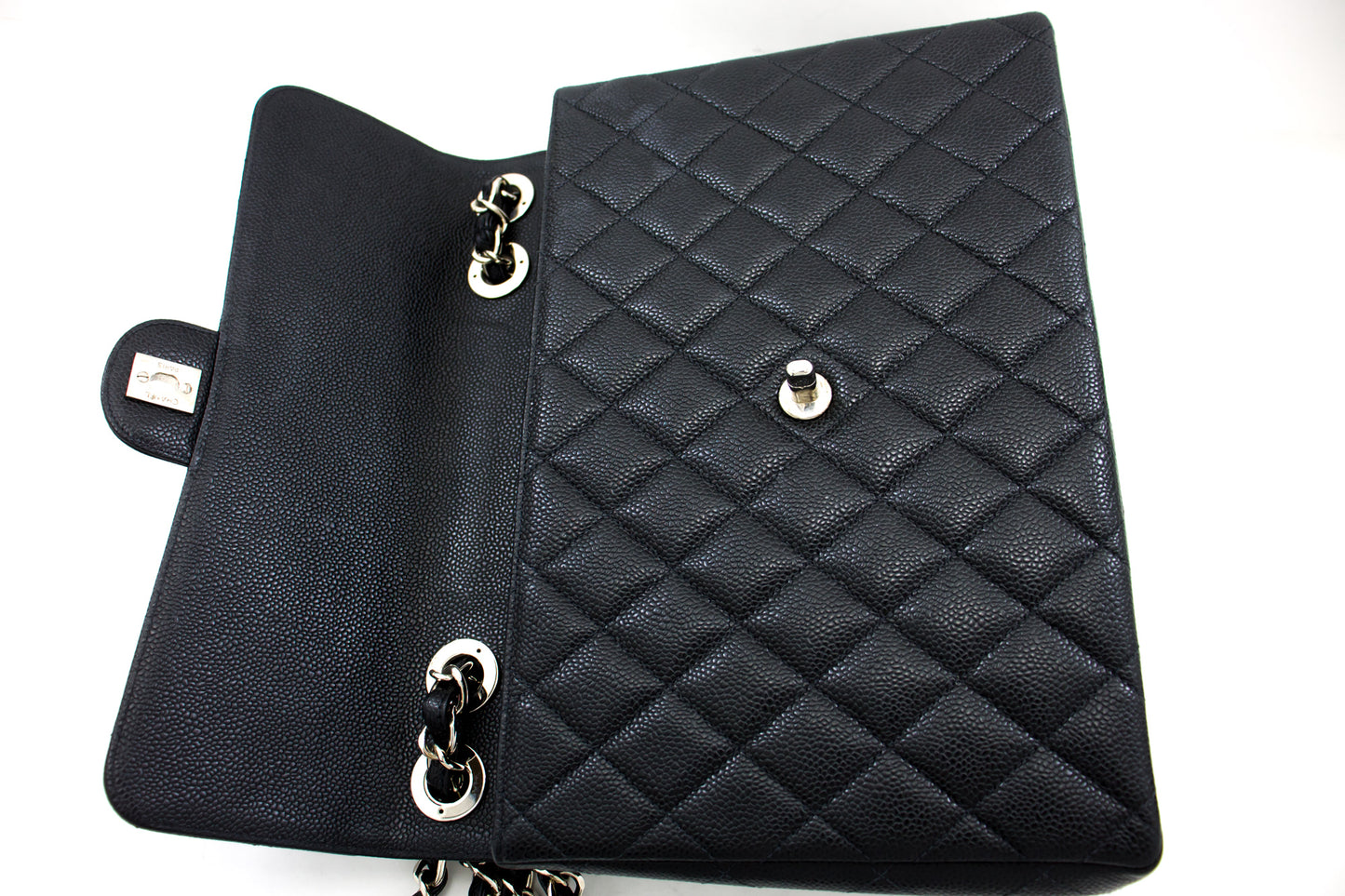 CHANEL Große Classic Handtasche mit Kettenriemen, Schultertasche, Klappe, Schwarz, Caviar-Leder g66 hannari-shop