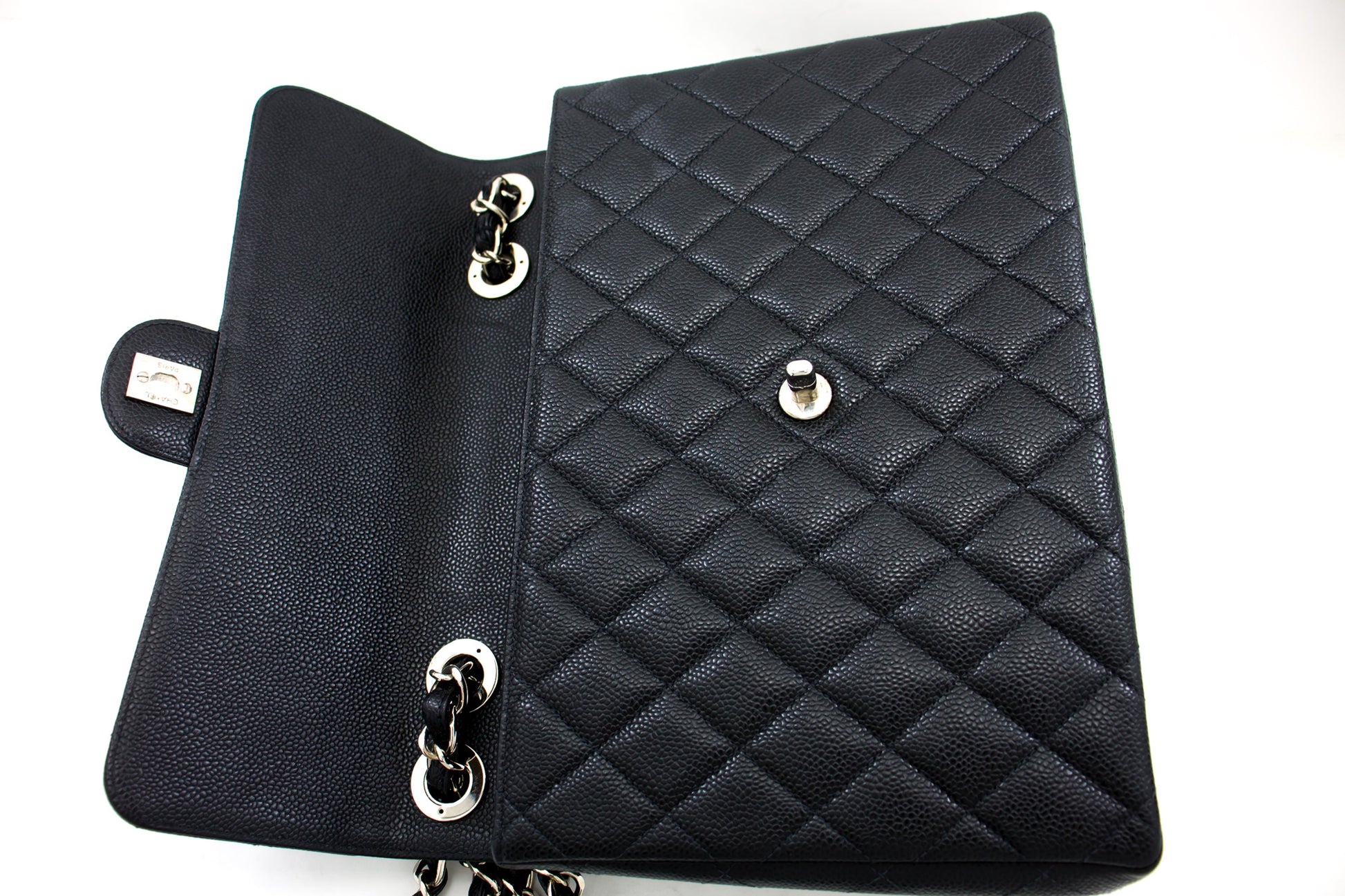 CHANEL Große Classic Handtasche mit Kettenriemen, Schultertasche, Klappe, Schwarz, Caviar-Leder g66 hannari-shop