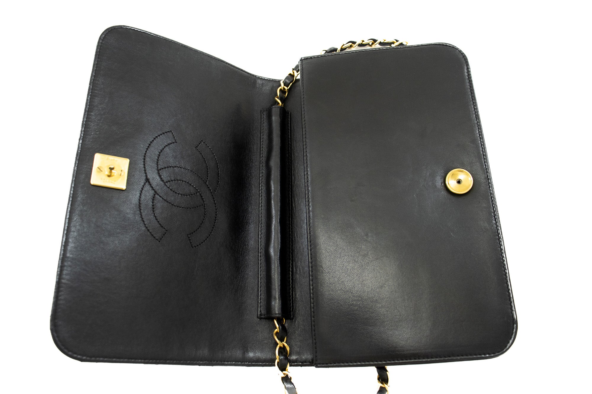 CHANEL Full Flap Chain Shoulder Bag Clutch Black Quilted Lambskin j68 –  hannari-shop