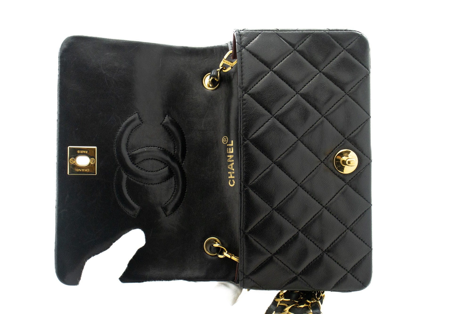 CHANEL Full Flap Chain Shoulder Bag Clutch Black Quilted Lambskin k08 –  hannari-shop