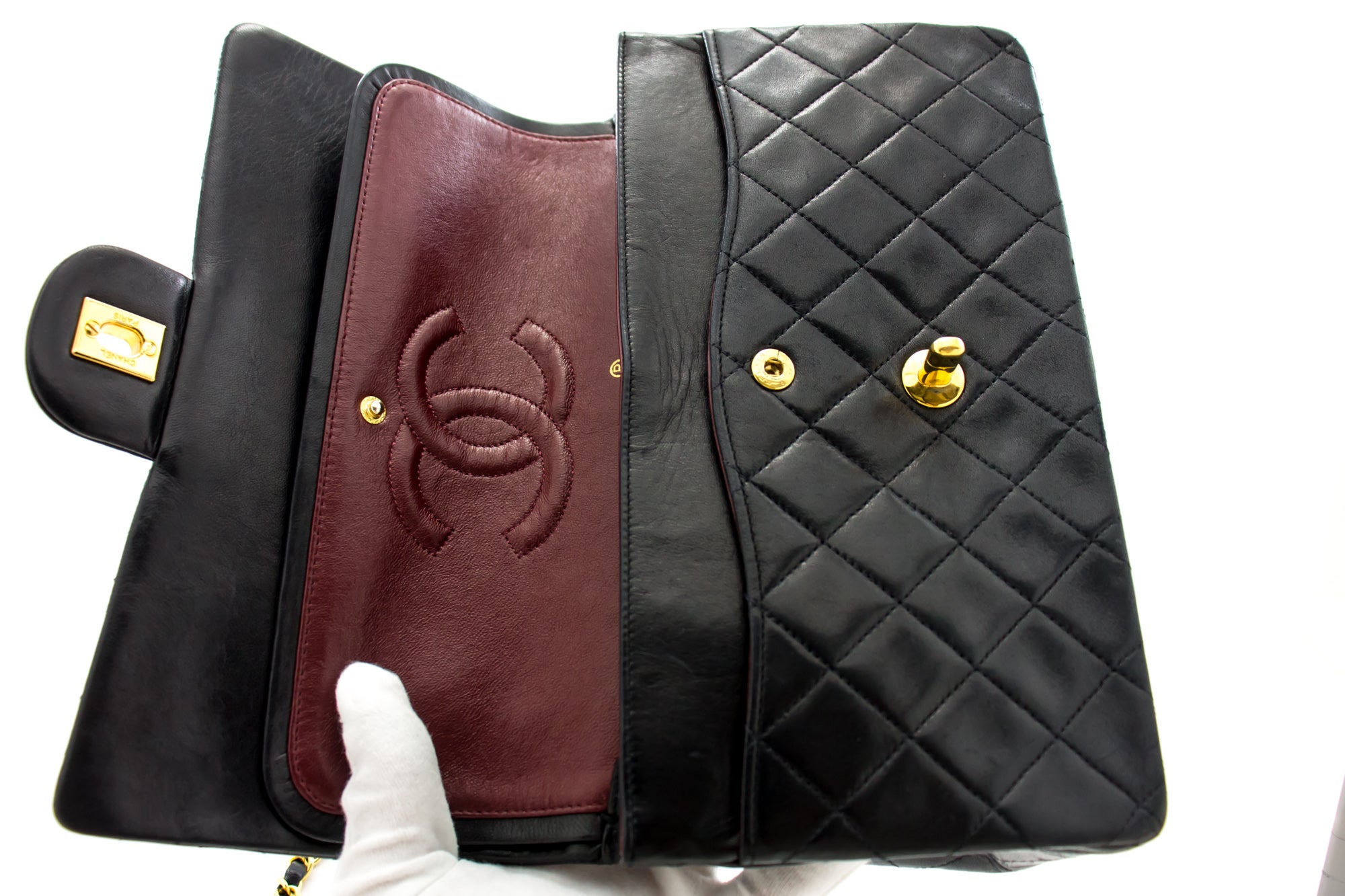 CHANEL 2.55 Double Flap Medium Chain Shoulder Bag Black Lambskin i51 –  hannari-shop