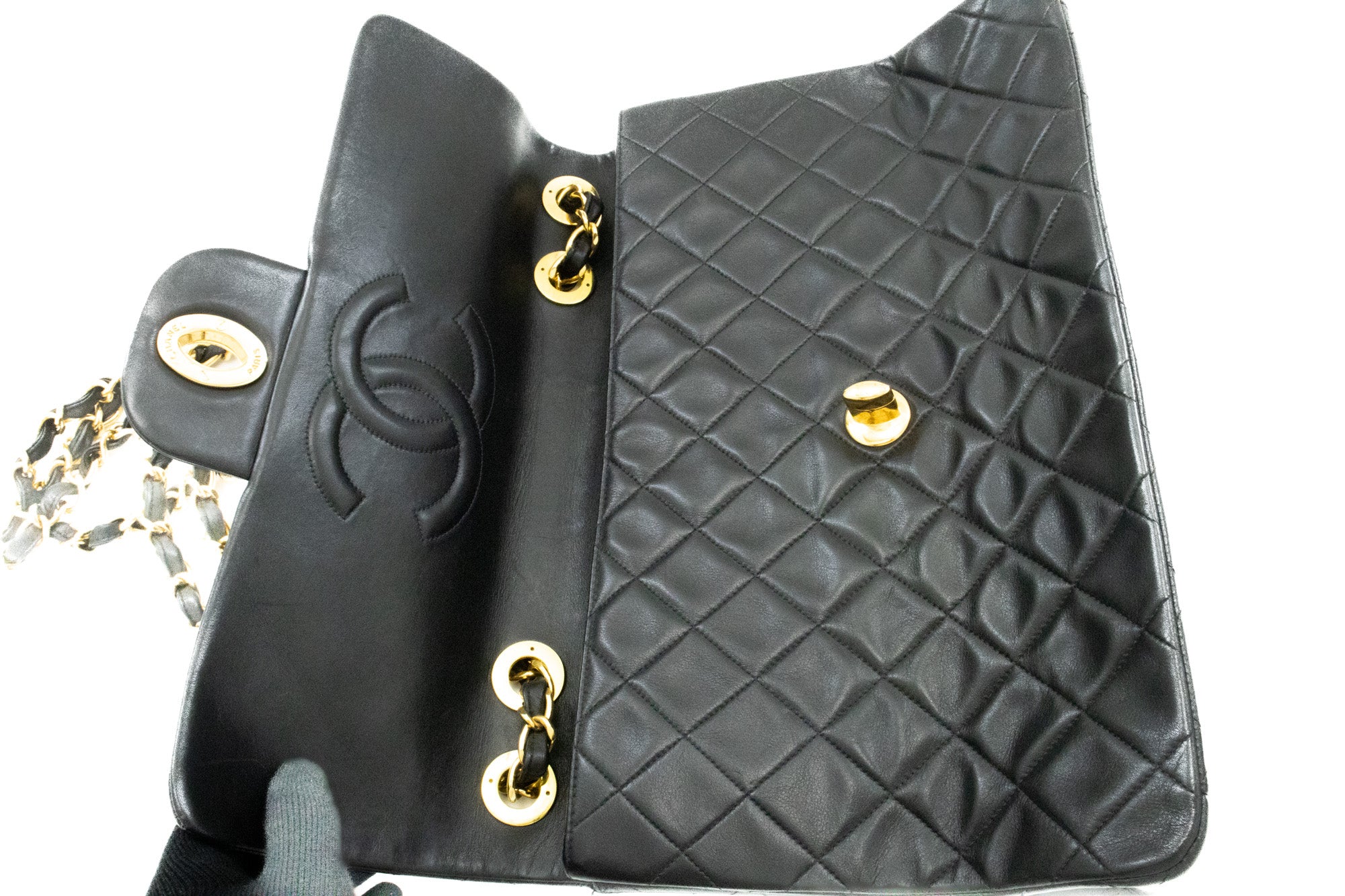 CHANEL Classic Large 13 Flap Chain Shoulder Bag Black Lambskin j58 –  hannari-shop