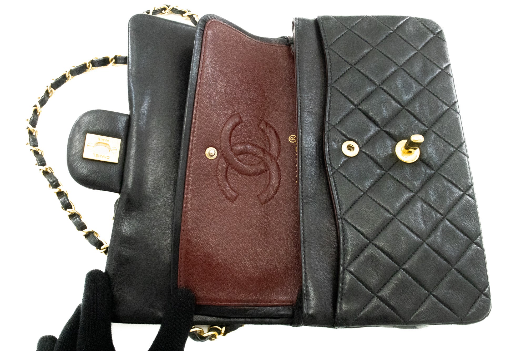 CHANEL Classic Double Flap 9 Chain Shoulder Bag Black Lambskin k51 –  hannari-shop