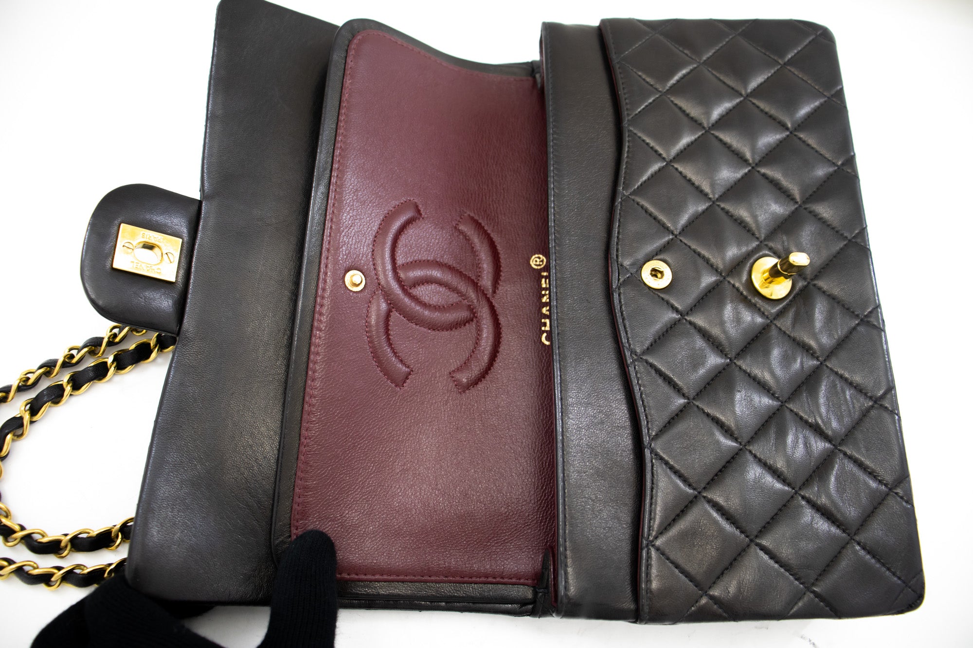 CHANEL Classic Double Flap 10 Chain Shoulder Bag Black Lambskin k71 –  hannari-shop