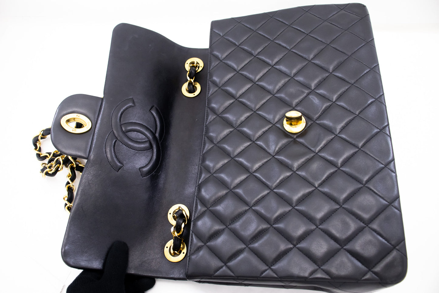 CHANEL Classic Large Borsa a Spalla con Tracolla a Catena e Patta 33 cm in Agnello Nero j74 hannari-shop