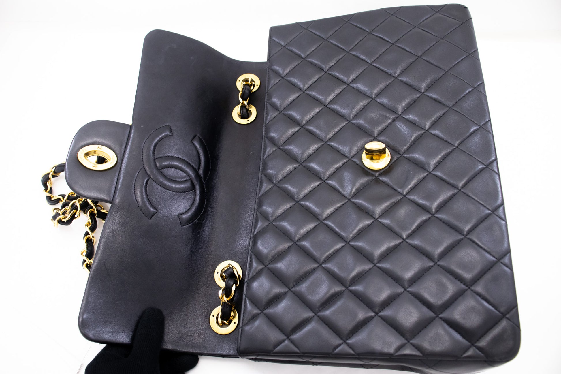 CHANEL Classic Large Borsa a Spalla con Tracolla a Catena e Patta 33 cm in Agnello Nero j74 hannari-shop