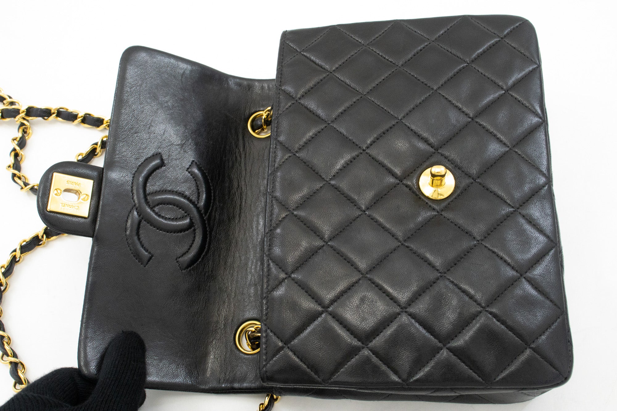 CHANEL Mini Square Small Chain Shoulder Bag Crossbody Black Quilt k44 –  hannari-shop