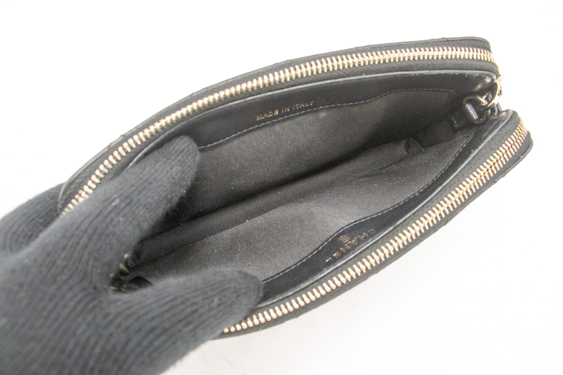 Portafoglio CHANEL WOC in pelle di agnello con perle, borsa a catena doppia zip L17 hannari-shop