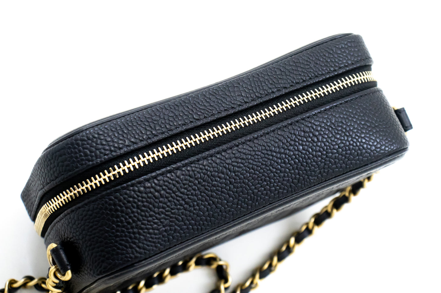 CHANEL Micro Caviar Gegranuleerd Kalfsleer Schoudertas met Ketting Zwart Rits L82 hannari-shop