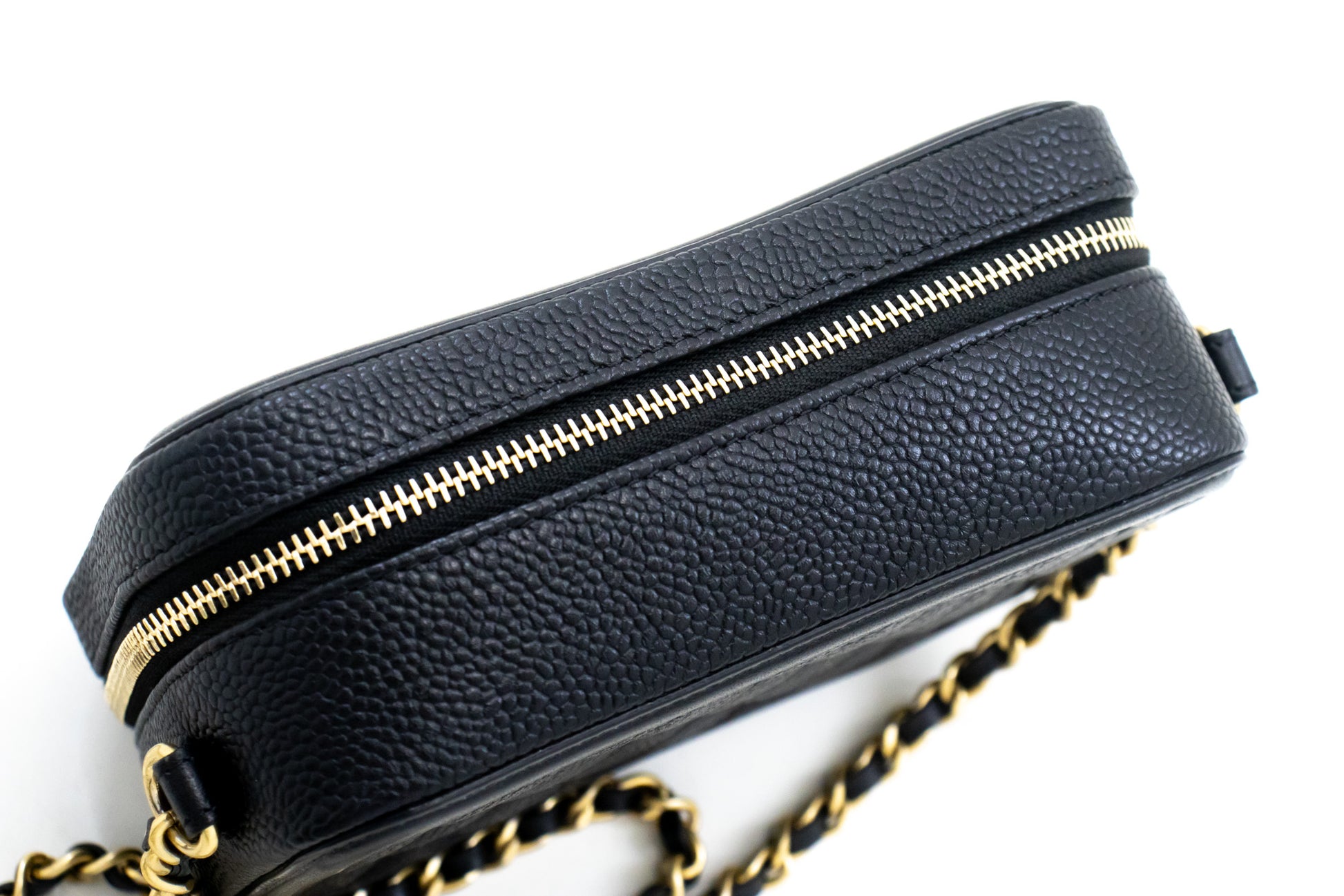 CHANEL Micro Caviar Gegranuleerd Kalfsleer Schoudertas met Ketting Zwart Rits L82 hannari-shop