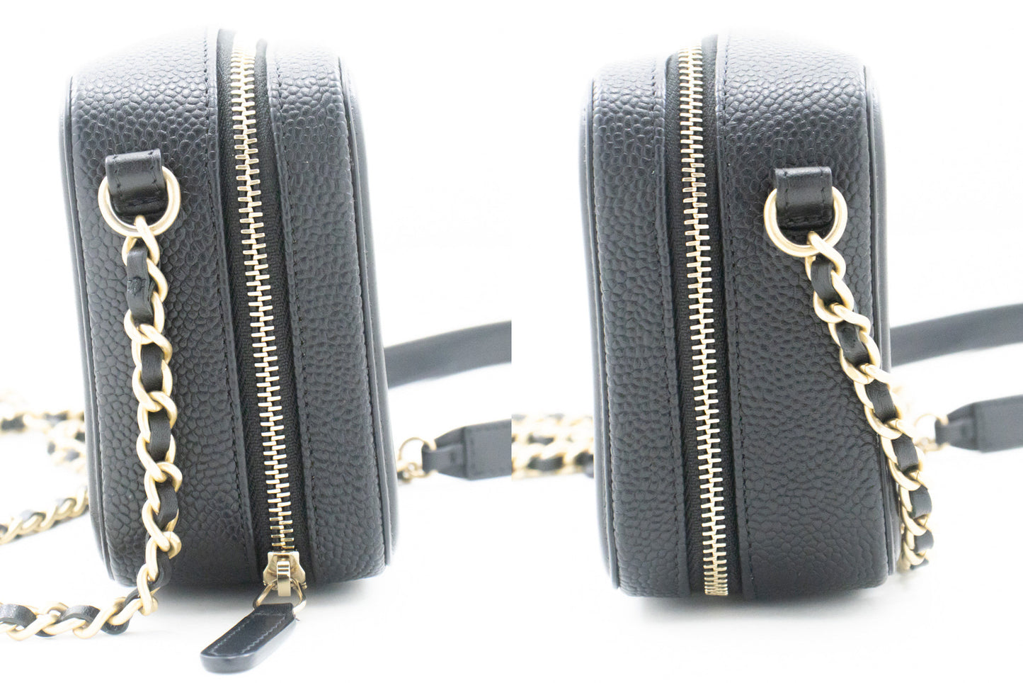 CHANEL Micro Caviar Gegranuleerd Kalfsleer Schoudertas met Ketting Zwart Rits L82 hannari-shop