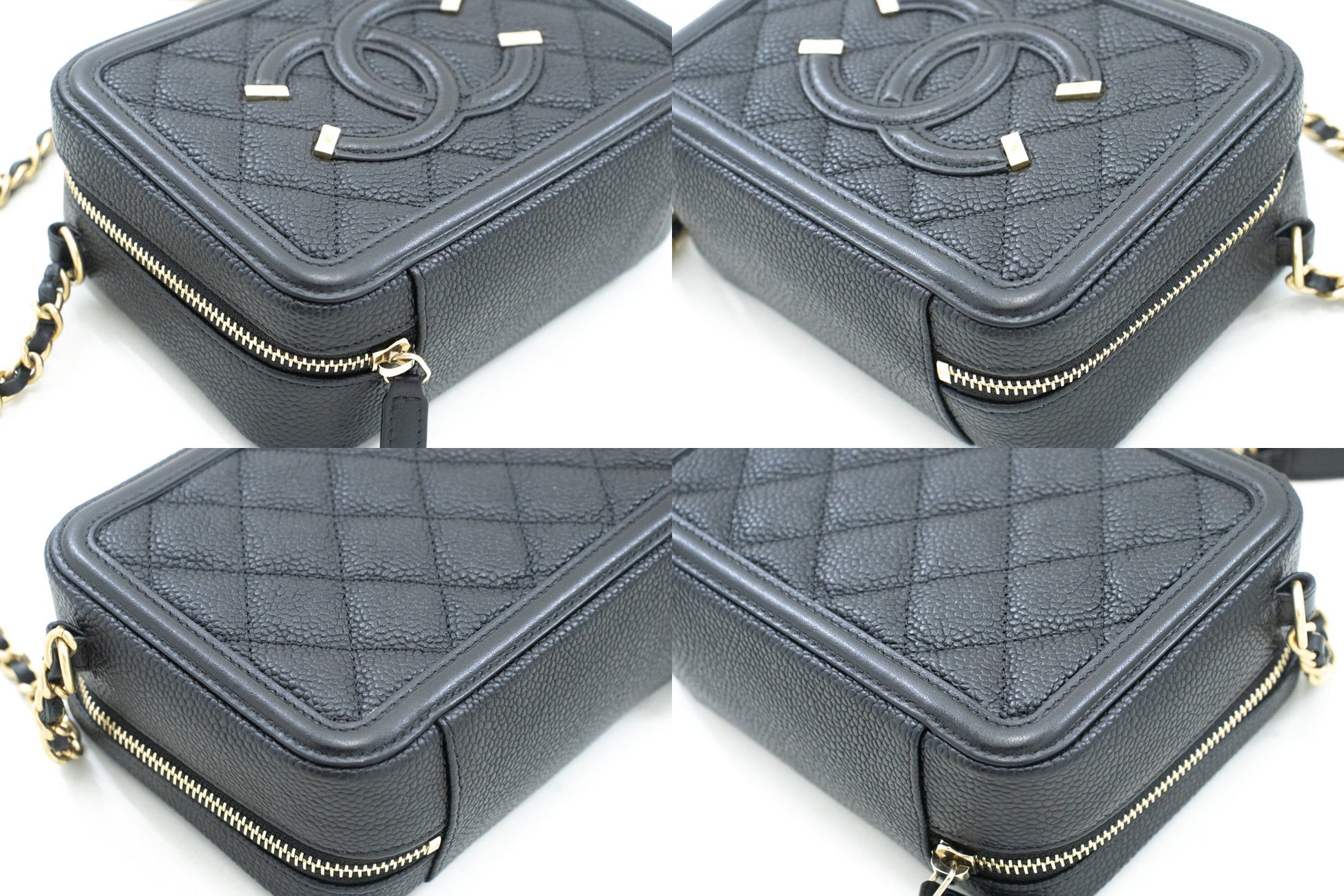 CHANEL Micro Caviar Gegranuleerd Kalfsleer Schoudertas met Ketting Zwart Rits L82 hannari-shop