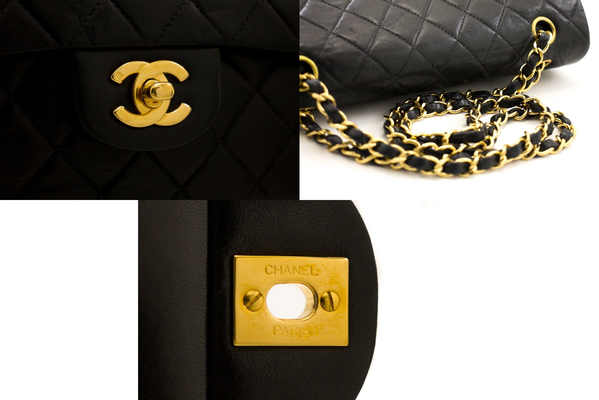 CHANEL 2.55 Double Flap Medium Chain Shoulder Bag Black Lambskin