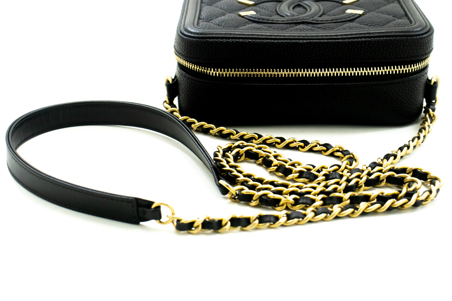CHANEL Micro Caviar Gegranuleerd Kalfsleer Schoudertas met Ketting Zwart Rits L82 hannari-shop