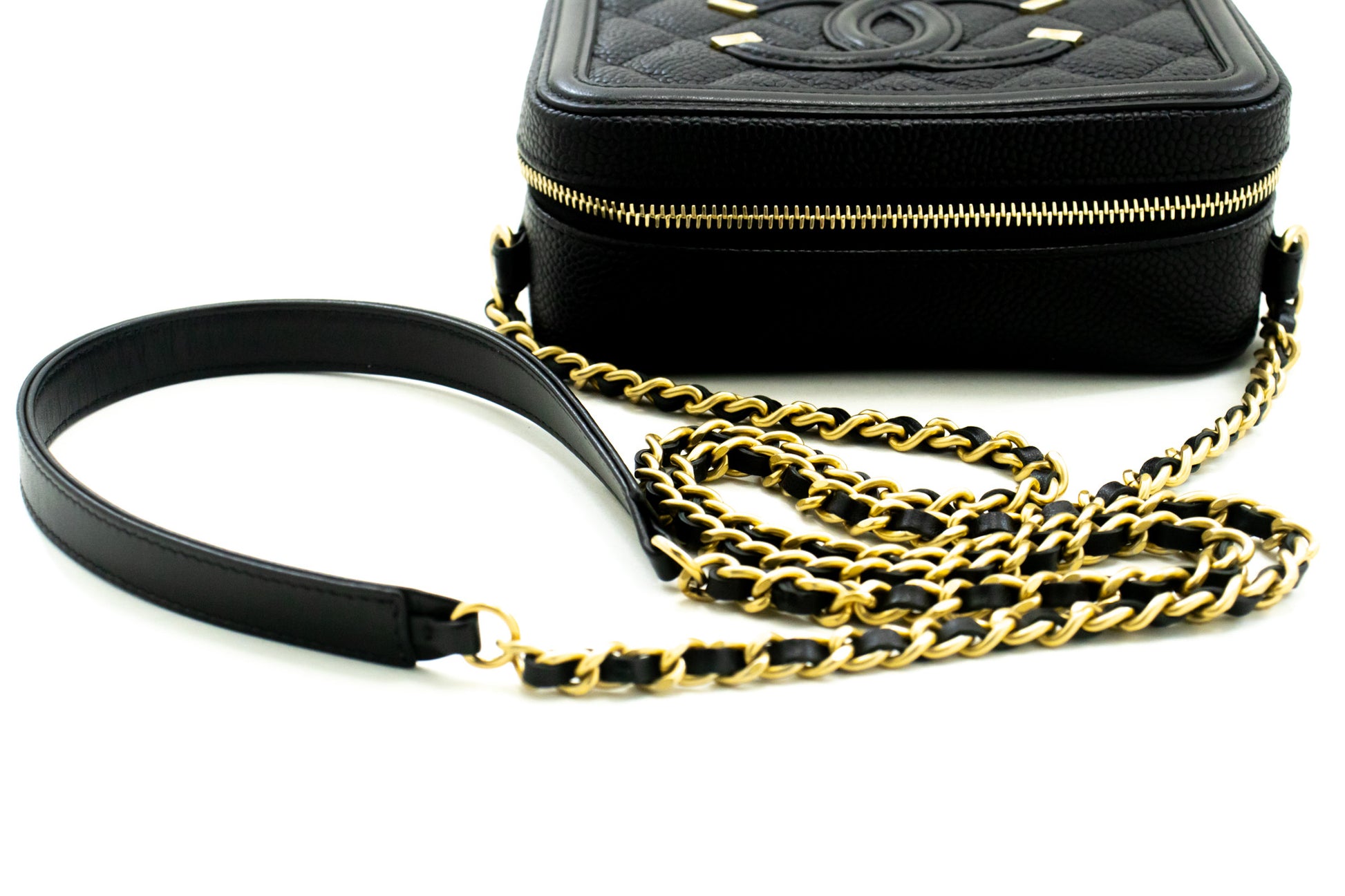 CHANEL Micro Caviar Gegranuleerd Kalfsleer Schoudertas met Ketting Zwart Rits L82 hannari-shop