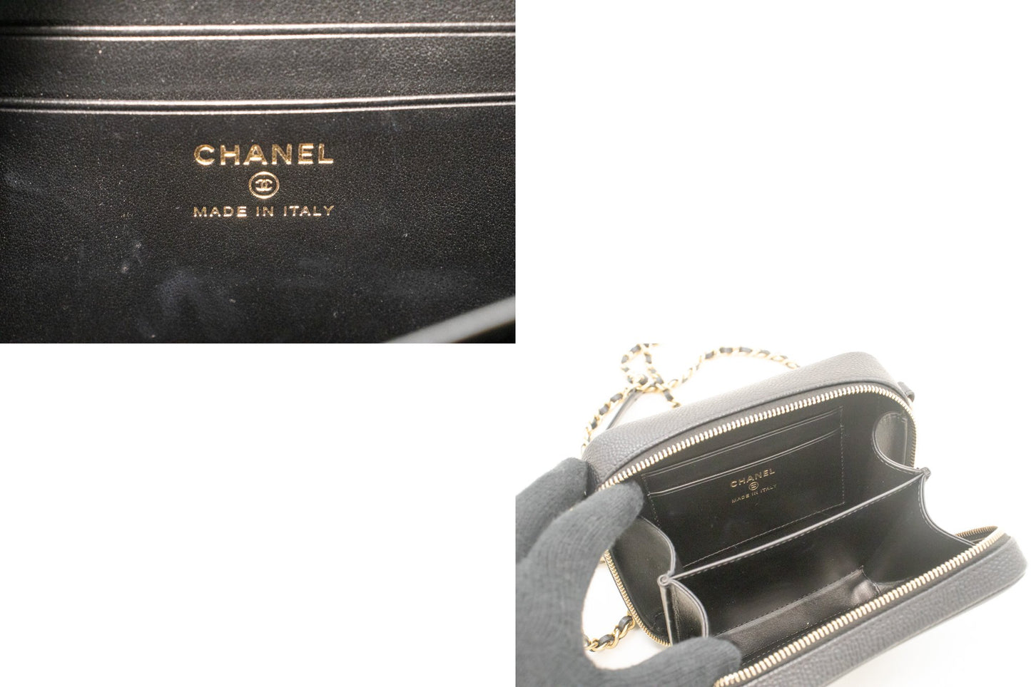 CHANEL Micro Caviar Gegranuleerd Kalfsleer Schoudertas met Ketting Zwart Rits L82 hannari-shop
