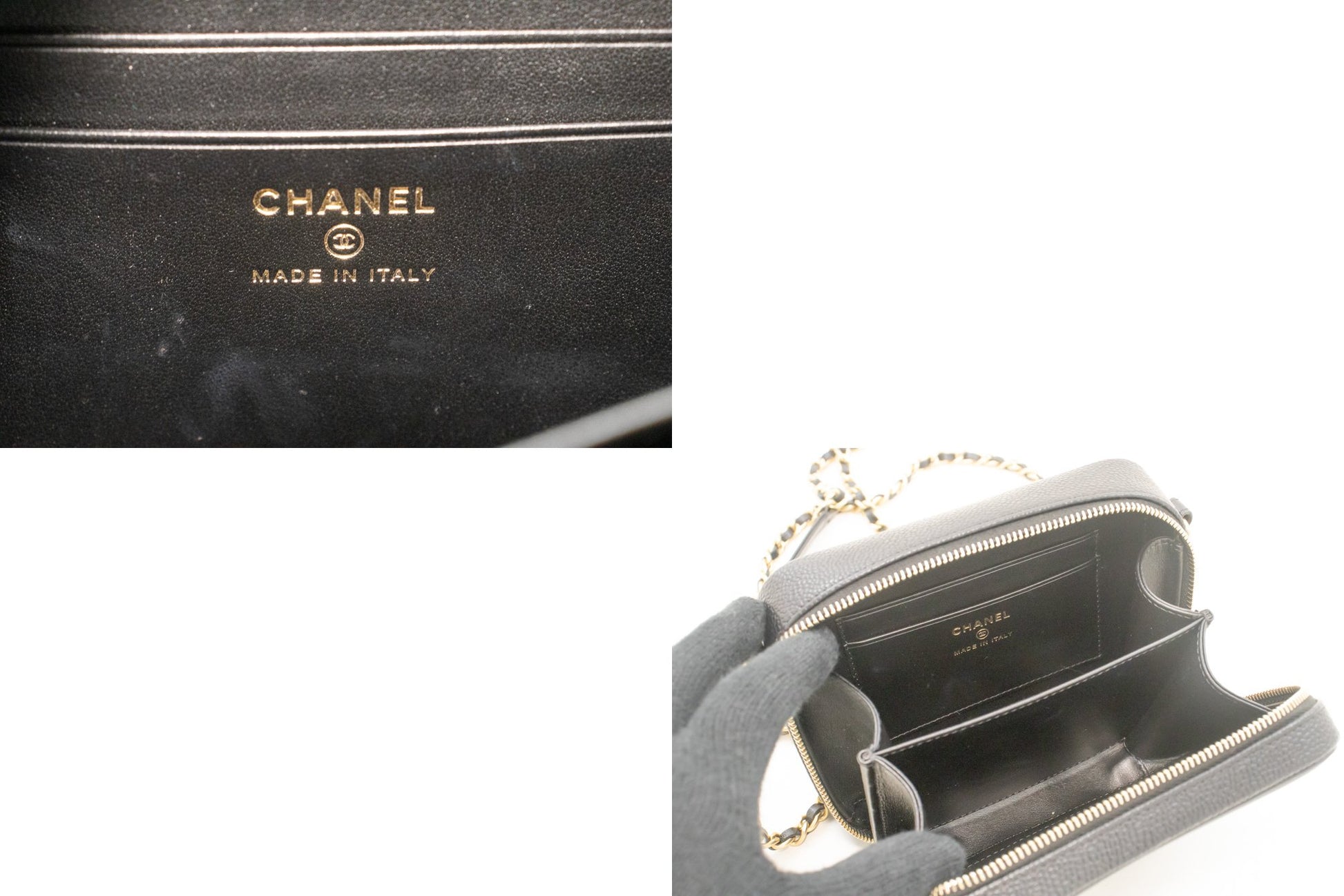 CHANEL Micro Caviar Gegranuleerd Kalfsleer Schoudertas met Ketting Zwart Rits L82 hannari-shop