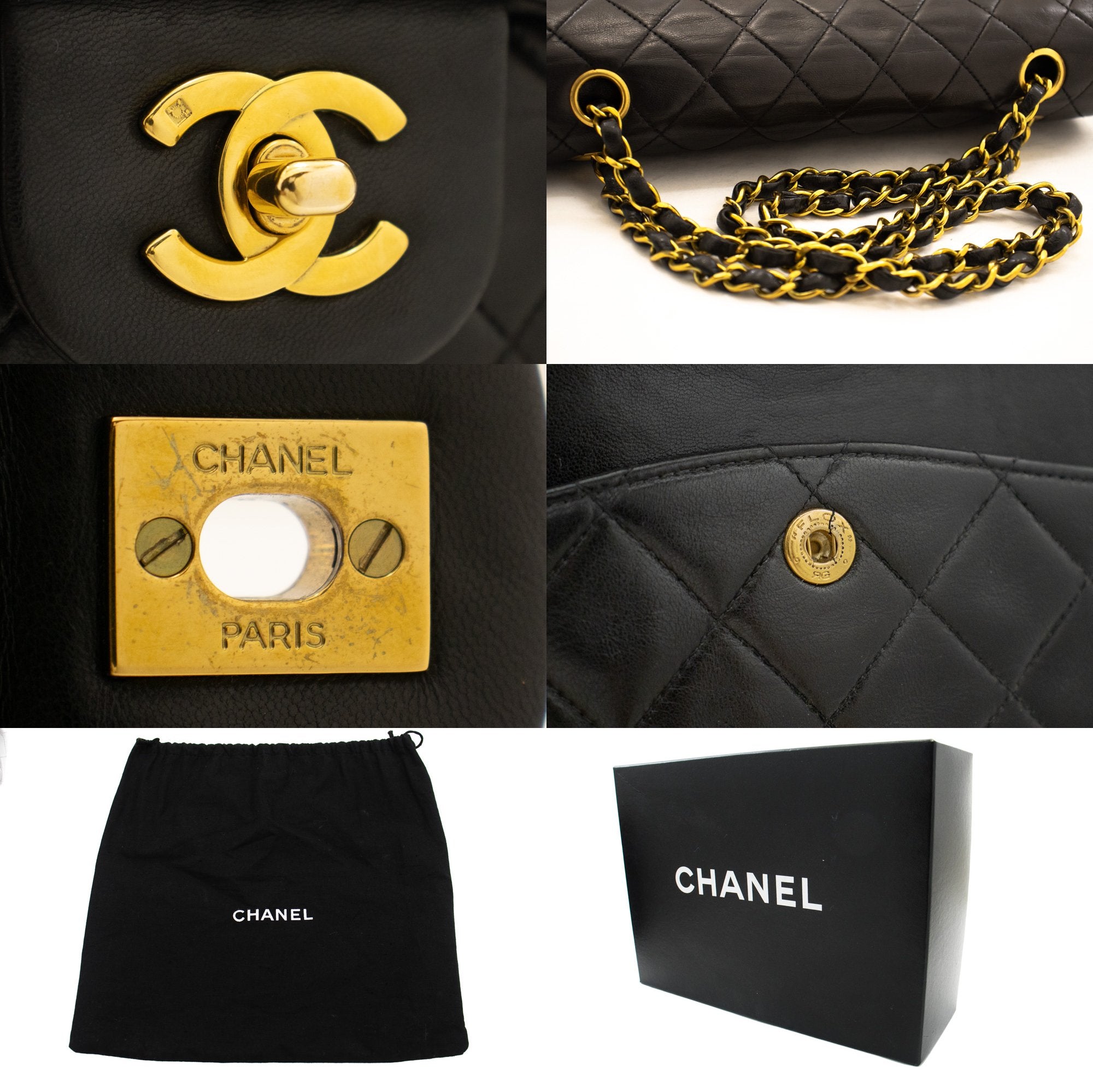 k93 CHANEL Authentic Classic Double Flap 10" Chain Shoulder Bag Black  Lambskin